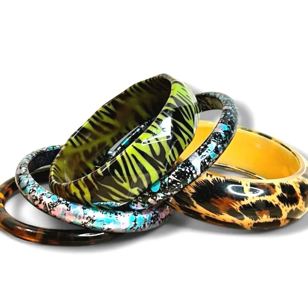 Chunky Acrylic Bangle Stack Multi Color Safari Animal Print Splatter Bracelets